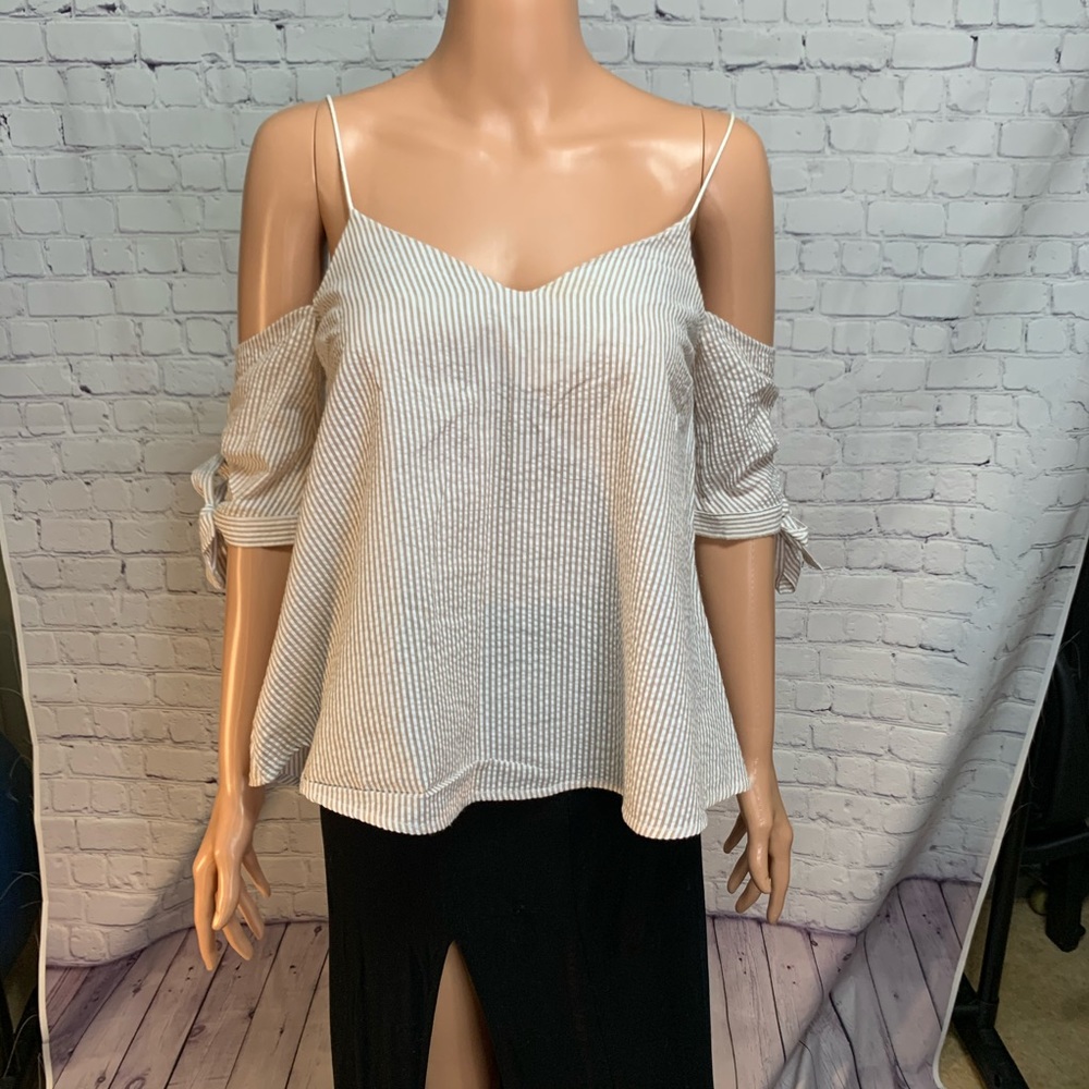 Urban Outfitters Exposed shoulder beige & white striped boho blouse top